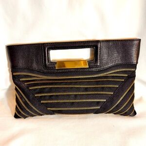 BCBG MAXAZRIA Zipper Leather Black and Gold Clutch Bag With Handle NEW WITH TAG